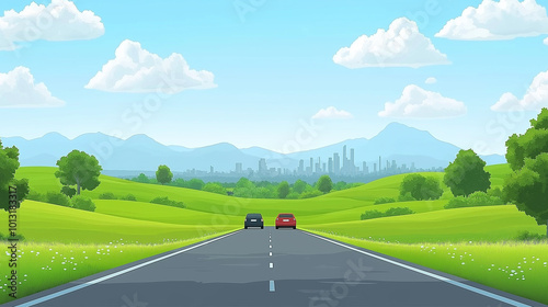 Road straight through both sides of the road are Green meadow blue sky, hills, and mountains,A cute flat cartoon,landscape vector illustration,background. 