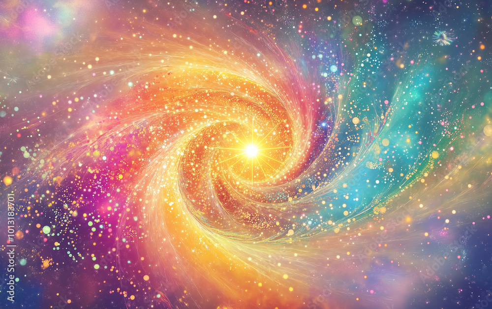 Captivating Swirling Galaxy with a Central Spiral and Glowing Sun, Enhanced by a Rainbow Mandala of Life Symbolism, Radiating Swirling Patterns and Colorful Light Dots Captivating Swirling Galaxy with a Central Spiral and Glowing Sun, Enhanced by a Rainbow Mandala of Life Symbolism, Radiating Swirling Patterns and Colorful Light Dots