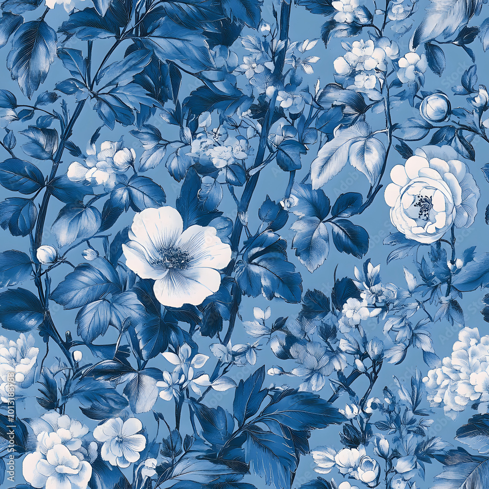 Obraz premium French floral toile blue and white vintage, illustration.