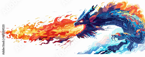 Illustrate a pixelated dragon breathing fire, pixel art on white isolated background, vector design.