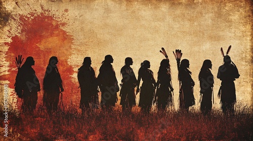 Group of native american people standing on grassland at sunset