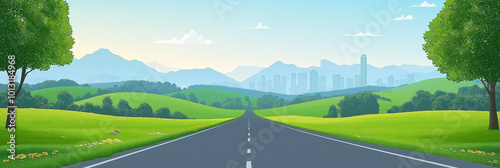 Road straight through  both sides of the road are Green meadow blue sky, hills, and mountains,A cute flat cartoon,landscape vector illustration,background. 