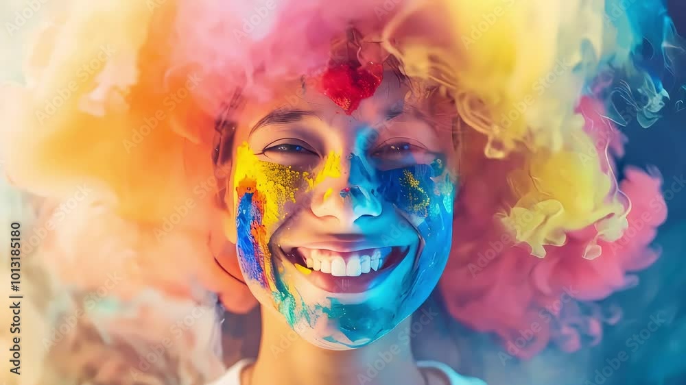 Video of joyful girl with a painted face smiling, surrounded by colorful smoke. Concept of imagination and creativity, emotional intelligence Video of joyful girl with a painted face smiling, surrounded by colorful smoke. Concept of imagination and creativity, emotional intelligence
