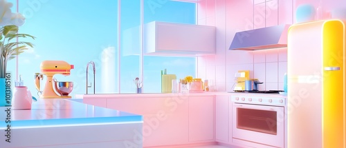 Long shot of a pristine utopian kitchen, bright colors, minimalist design, culinary art in harmony, ethereal atmosphere, surreal elements