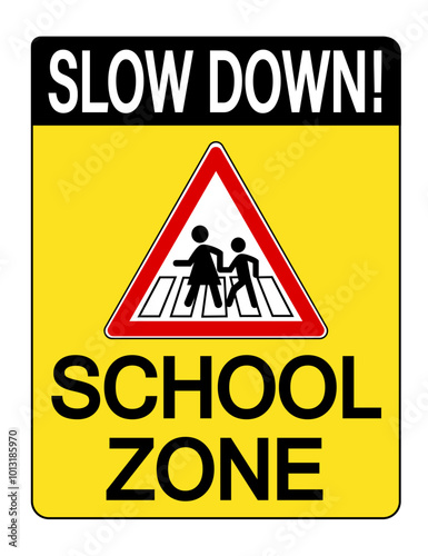 Slow down, school zone. Warning triangle sign with people on crosswalk inside a yellow signboard. Text above e below.