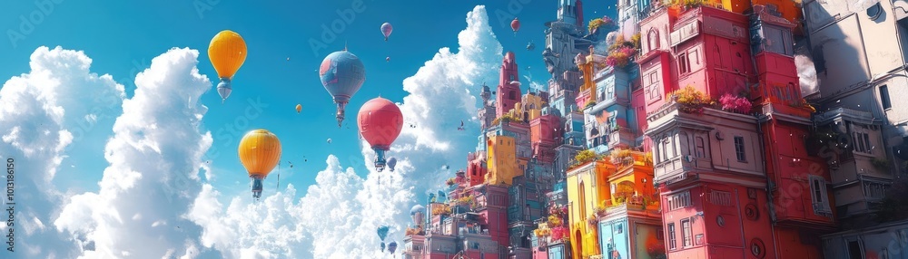 Obraz premium Tilted angle view of a surreal cityscape, vibrant colors blending fantasy and reality, whimsical architecture and floating islands