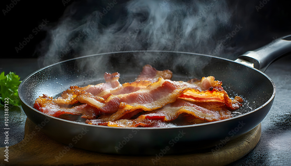 Fatty, crispy, golden fried bacon in the frying pan, steamy. Fatty, crispy, golden fried bacon in the frying pan, steamy.