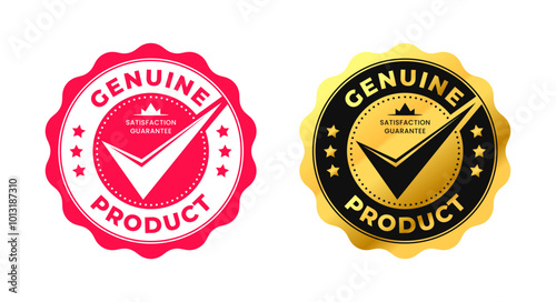 Genuine Product vector premium circle gold label with check mark. for products icon, logo, label, insigna, seal, tag, sign, seal, symbol, badge, stamp, sticker, emblem, banner, design
