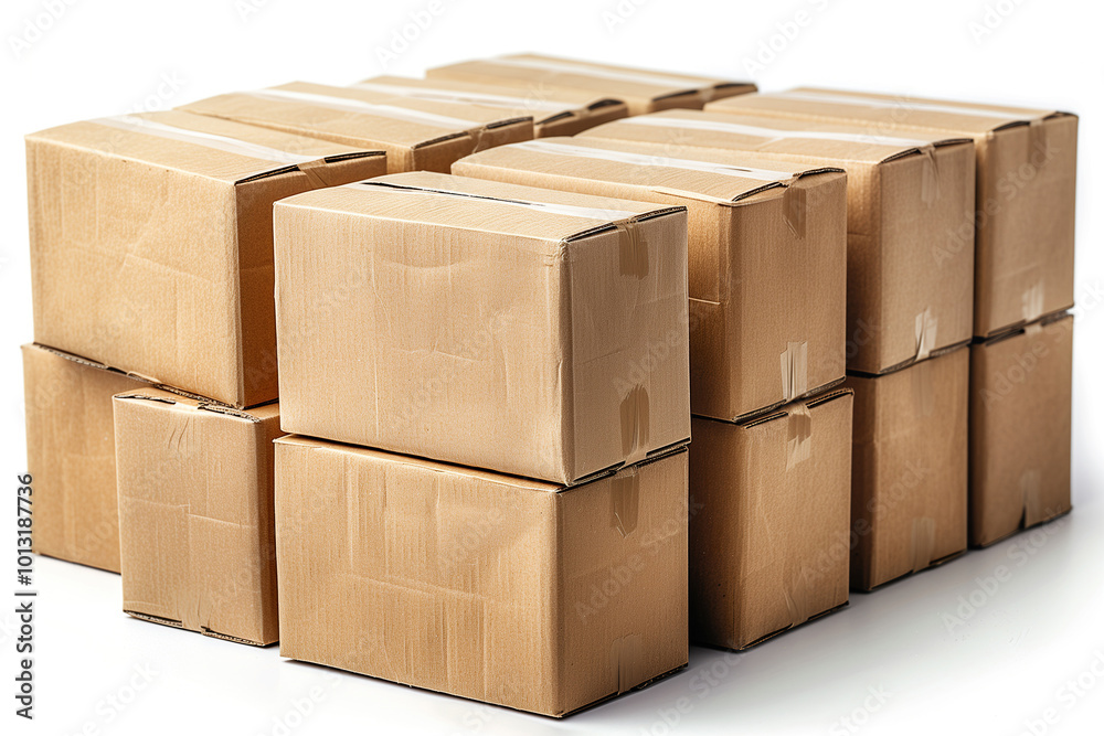 Group of cardboard boxes stacked on a white background. Group of cardboard boxes stacked on a white background.