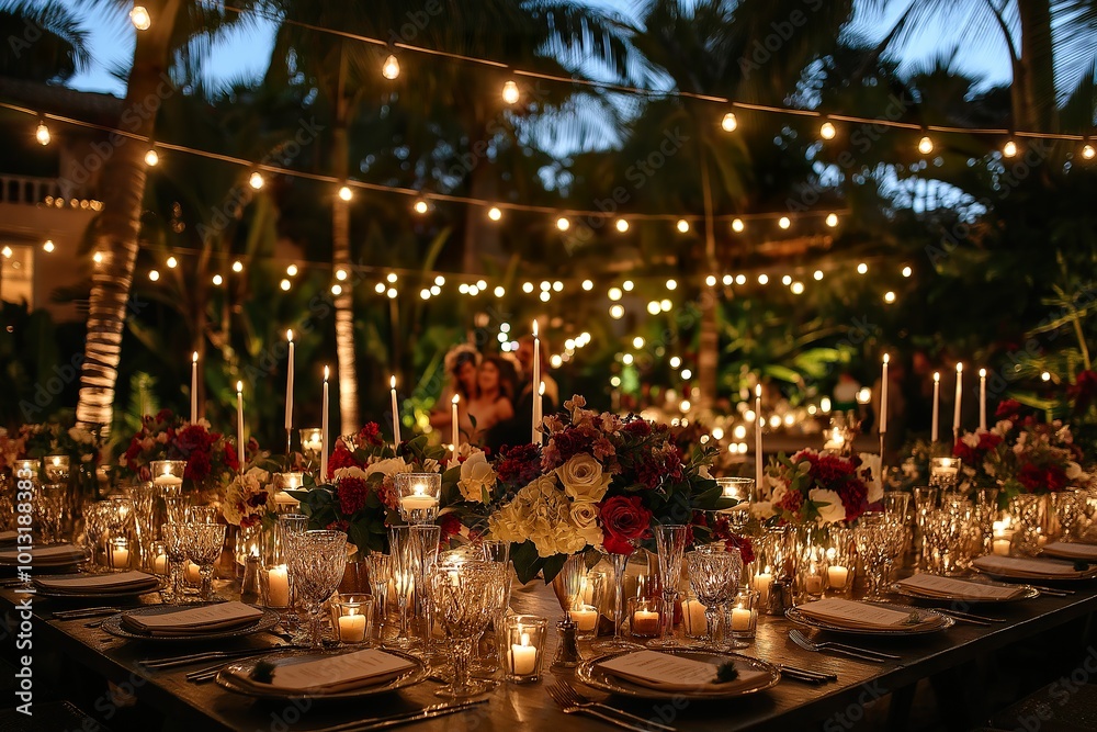 Naklejka premium A couple celebrates their anniversary at a romantic dinner party surrounded by beautiful decorations and soft lighting under the stars