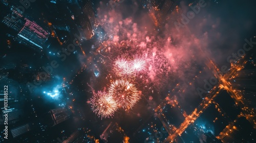 Wallpaper Mural Aerial view of fireworks bursting over a cityscape during New Year 2025 celebrations Torontodigital.ca