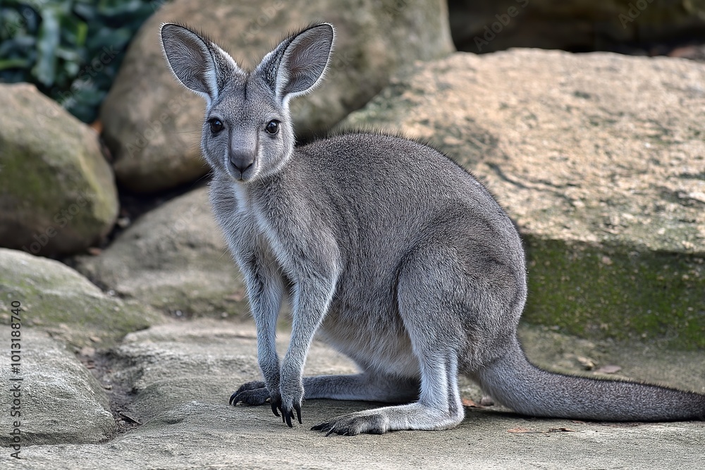A young kangaroo exploring its natural habitat near rocky terrain during the early morning hours, showcasing curiosity and playfulness A young kangaroo exploring its natural habitat near rocky terrain during the early morning hours, showcasing curiosity and playfulness
