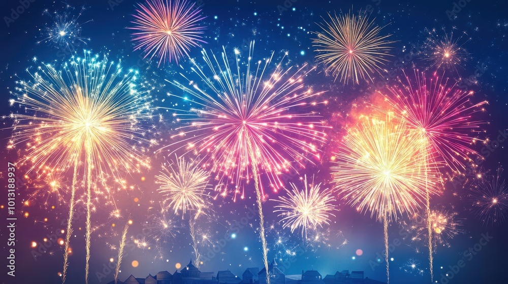 Fototapeta premium Beautiful fireworks display with colorful explosions over a quiet village for New Year 2025