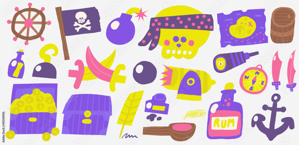 Cute pirate funny hand drawn doodle sword, flag, skull, crossbones, chest, fish, bomb, ship wheel, anchor, spyglass, gold, rum, hook, compass, cannon, barrel. Marine, nautical Caribbean objects Cute pirate funny hand drawn doodle sword, flag, skull, crossbones, chest, fish, bomb, ship wheel, anchor, spyglass, gold, rum, hook, compass, cannon, barrel. Marine, nautical Caribbean objects