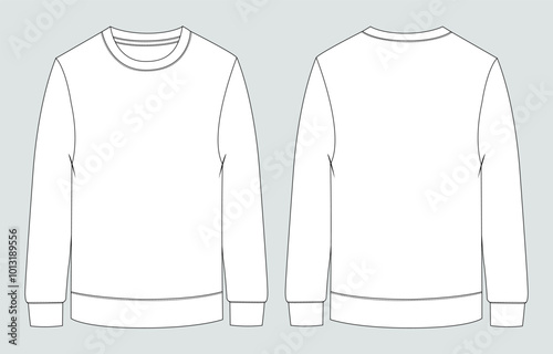 Long sleeve round neck t shirt overall technical fashion flat sketch vector illustration template front and back views isolated on white background. Cotton jersey apparel design mock up.