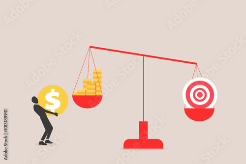 Businessman with unbalanced scales, target vs money. Weight of people ideas and time greater