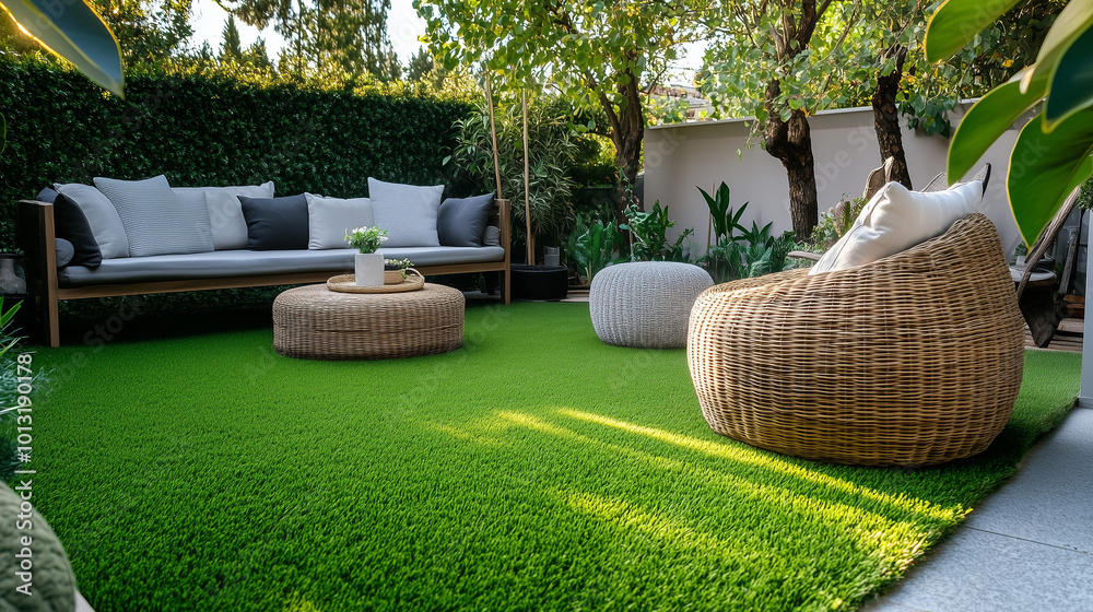 Obraz premium Pięknie ułożona sztuczna trawa, która emanuje intensywną zielenią. Włókna trawy są gęste i miękkie w dotyku, co sprawia, że wygląda naturalnie i zachęcająco. 