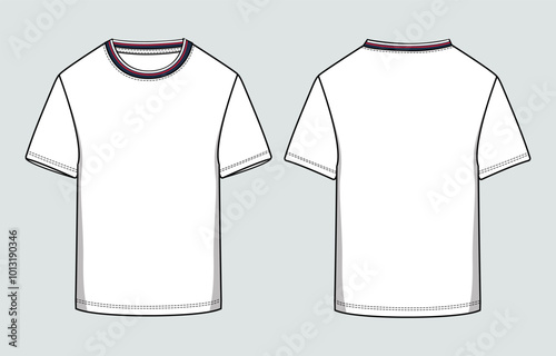 Short sleeve t shirt technical drawing fashion flat sketch vector illustration template front and back views