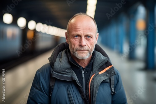 Portrait of a senior man in a subway station, looking at the camera.