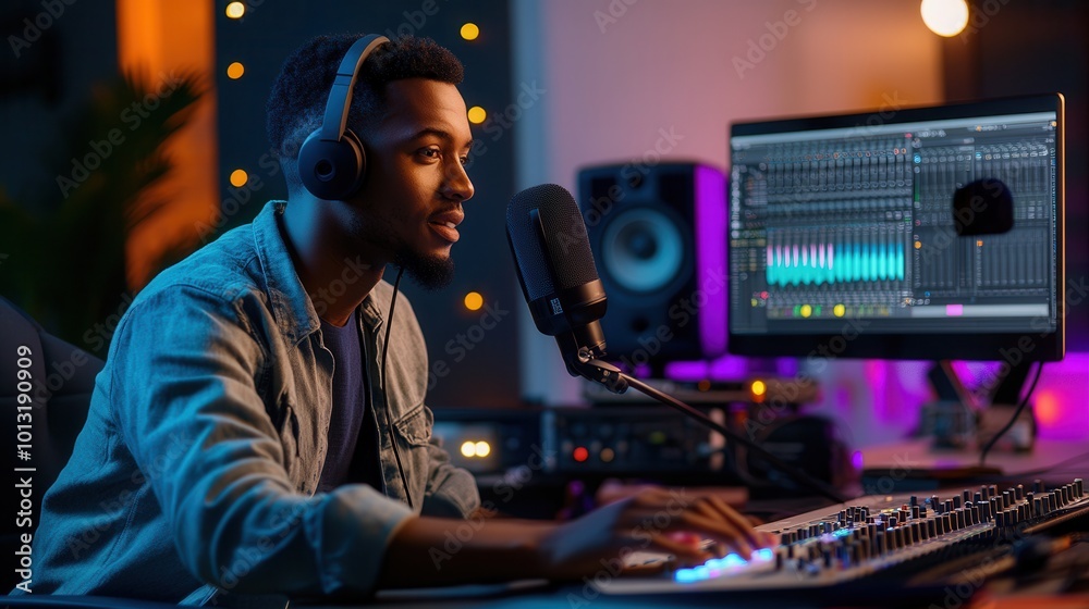 The podcaster speaks into a microphone, managing audio settings while captivating listeners in a lively studio atmosphere. Generative AI The podcaster speaks into a microphone, managing audio settings while captivating listeners in a lively studio atmosphere. Generative AI