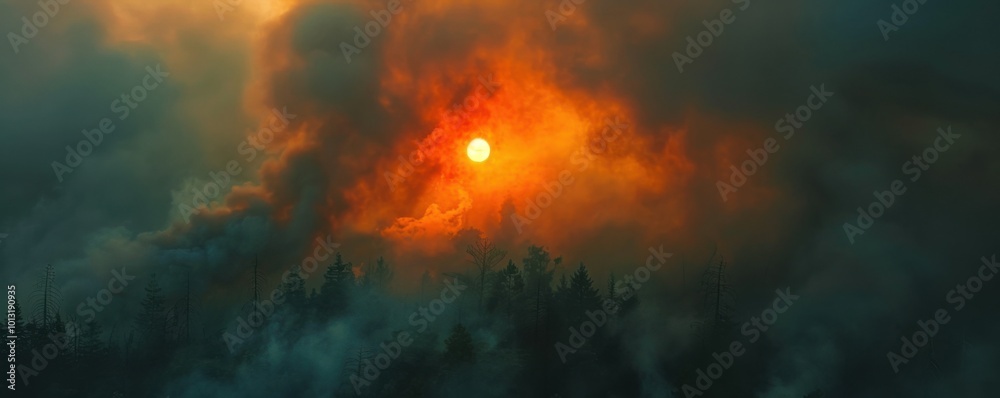 Forest fire smoke obscuring the sun in a rural area, 4K hyperrealistic photo