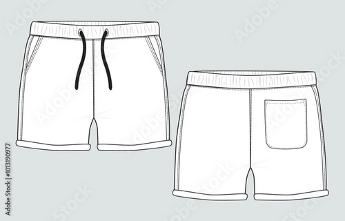 Boys Sweat Shorts vector fashion flat sketch template. Young Men Technical Drawing Fashion art Illustration.