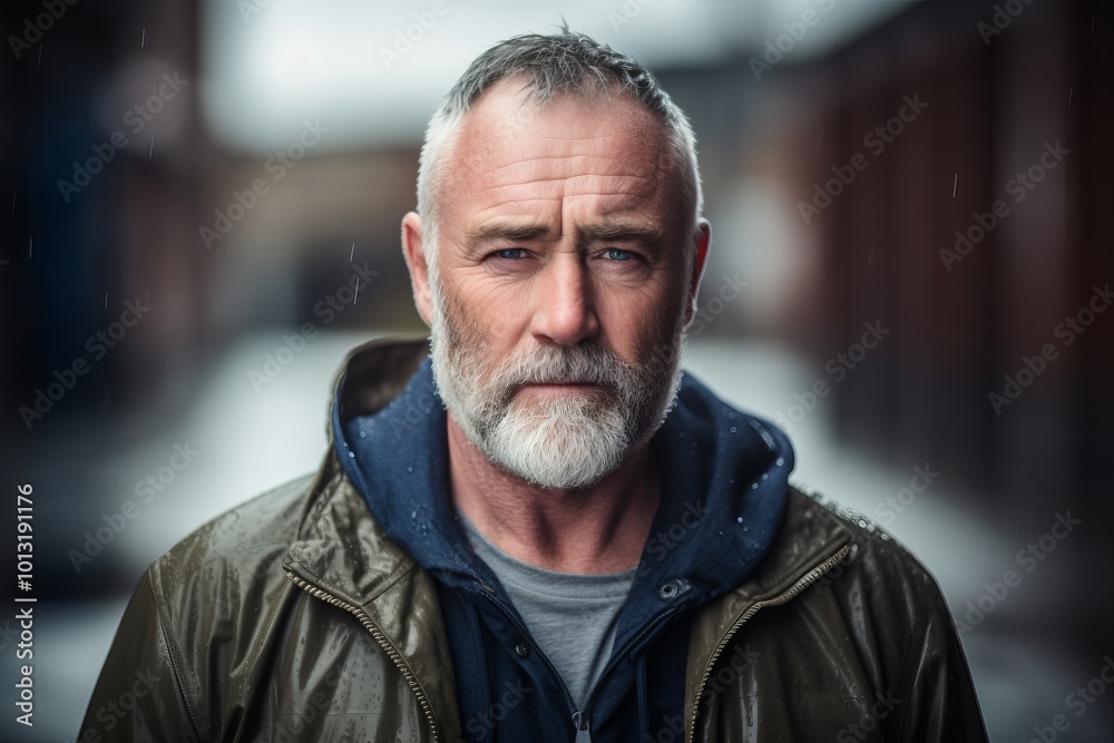 Portrait of a senior man with grey hair and beard wearing a raincoat. Portrait of a senior man with grey hair and beard wearing a raincoat.