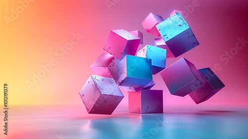 Vibrant 3D Cubes Float in a Dreamlike Gradient, a mesmerizing blend of pink, purple, and teal hues creating an ethereal and surreal atmosphere.  The textured cubes seem to defy gravity. photo