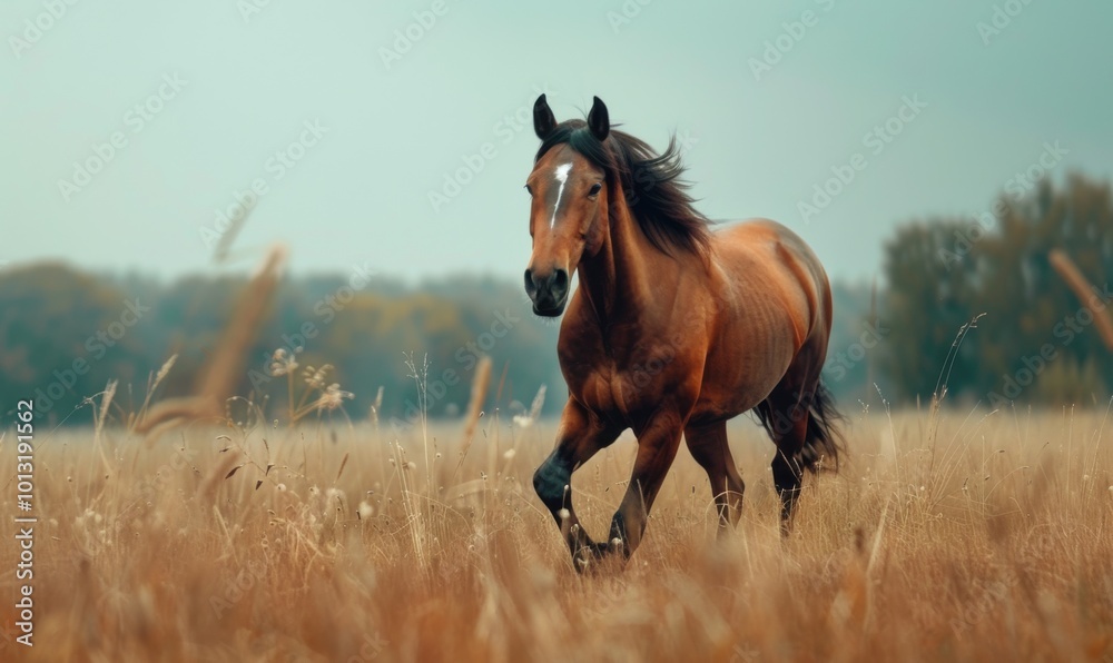 Majestic horse running through a field, 4K hyperrealistic photo Majestic horse running through a field, 4K hyperrealistic photo