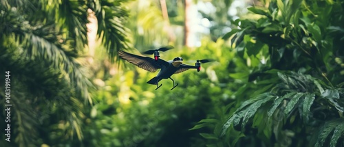 Tilted angle view, a bird communicating with a drone, lush greenery, blending nature and technology, dynamic action photo