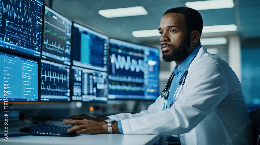 A healthcare professional analyzes data on multiple screens, showcasing the intersection of technology and medicine in a clinical environment. A healthcare professional analyzes data on multiple screens, showcasing the intersection of technology and medicine in a clinical environment.