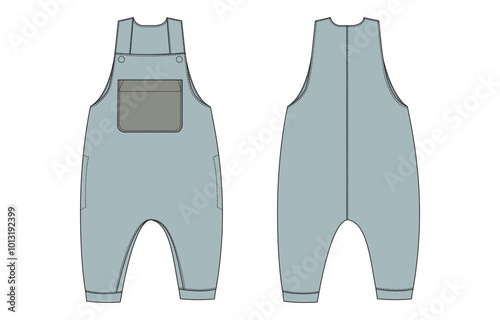 Bodysuit dungaree technical drawing fashion flat sketch vector illustration template for kids