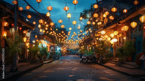 the warm glow of lanterns illuminating a village at night, the sound of traditional music echoing through the streets, and the aroma of freshly cooked food wafting from homes