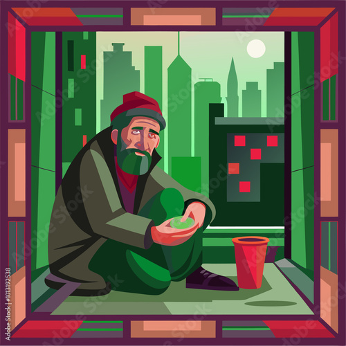 A beggar is begging in the city