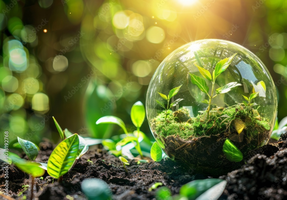 Glass Sphere with Young Plants and Moss Representing Eco-Friendly Growth