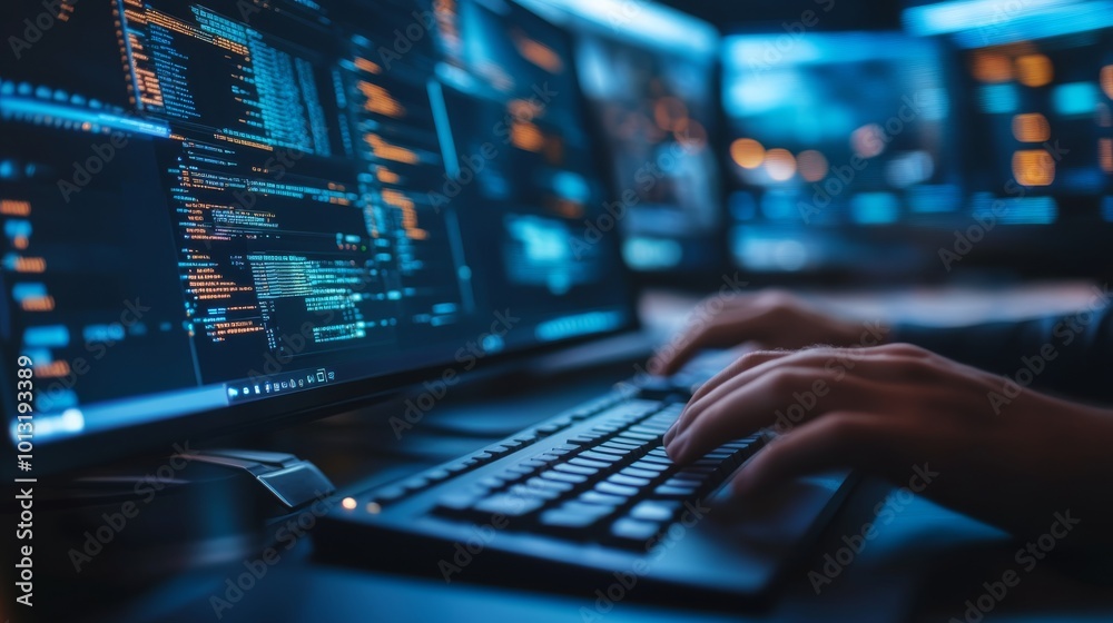 A person coding at a computer setup with multiple screens displaying programming code in a dark environment. A person coding at a computer setup with multiple screens displaying programming code in a dark environment.