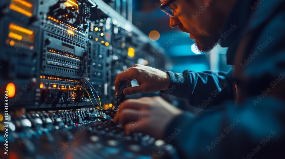 A technician adjusts equipment on a server rack, focused on optimizing connections in a dimly lit environment.