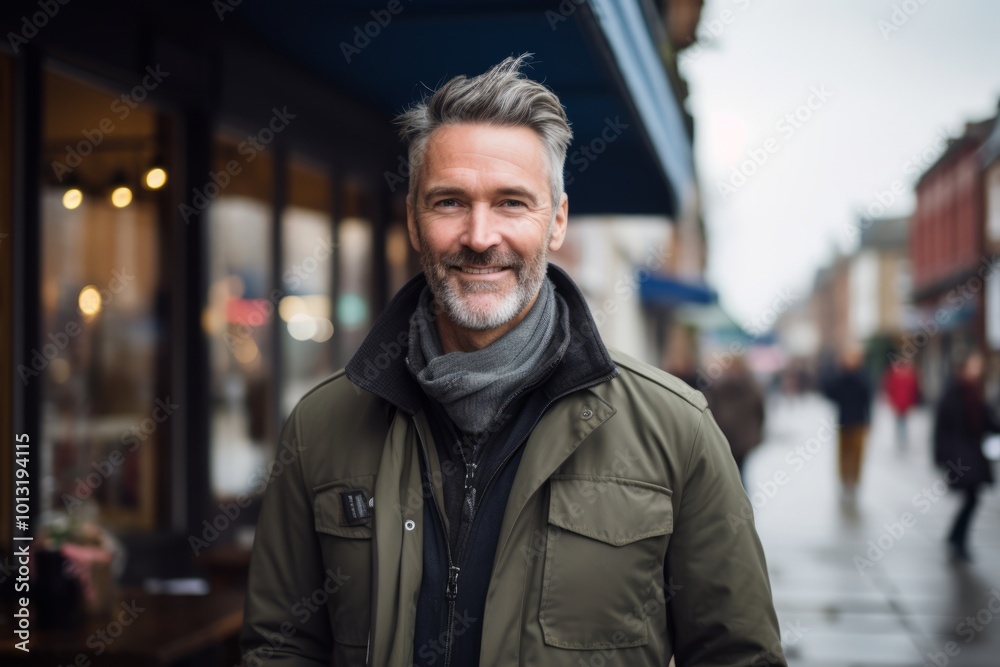 Portrait of handsome middle-aged man with grey hair and beard in a city street Portrait of handsome middle-aged man with grey hair and beard in a city street