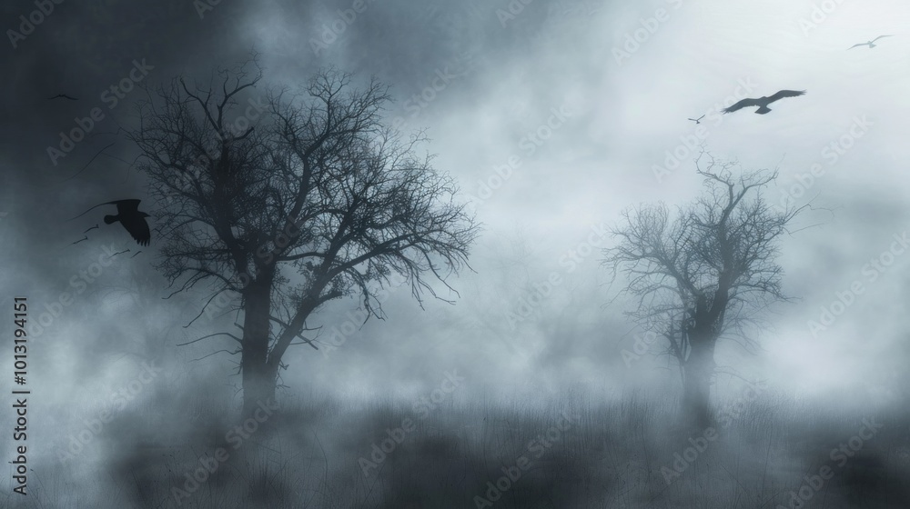 Foggy Woodland with Bare Trees and Silhouetted Birds Foggy Woodland with Bare Trees and Silhouetted Birds