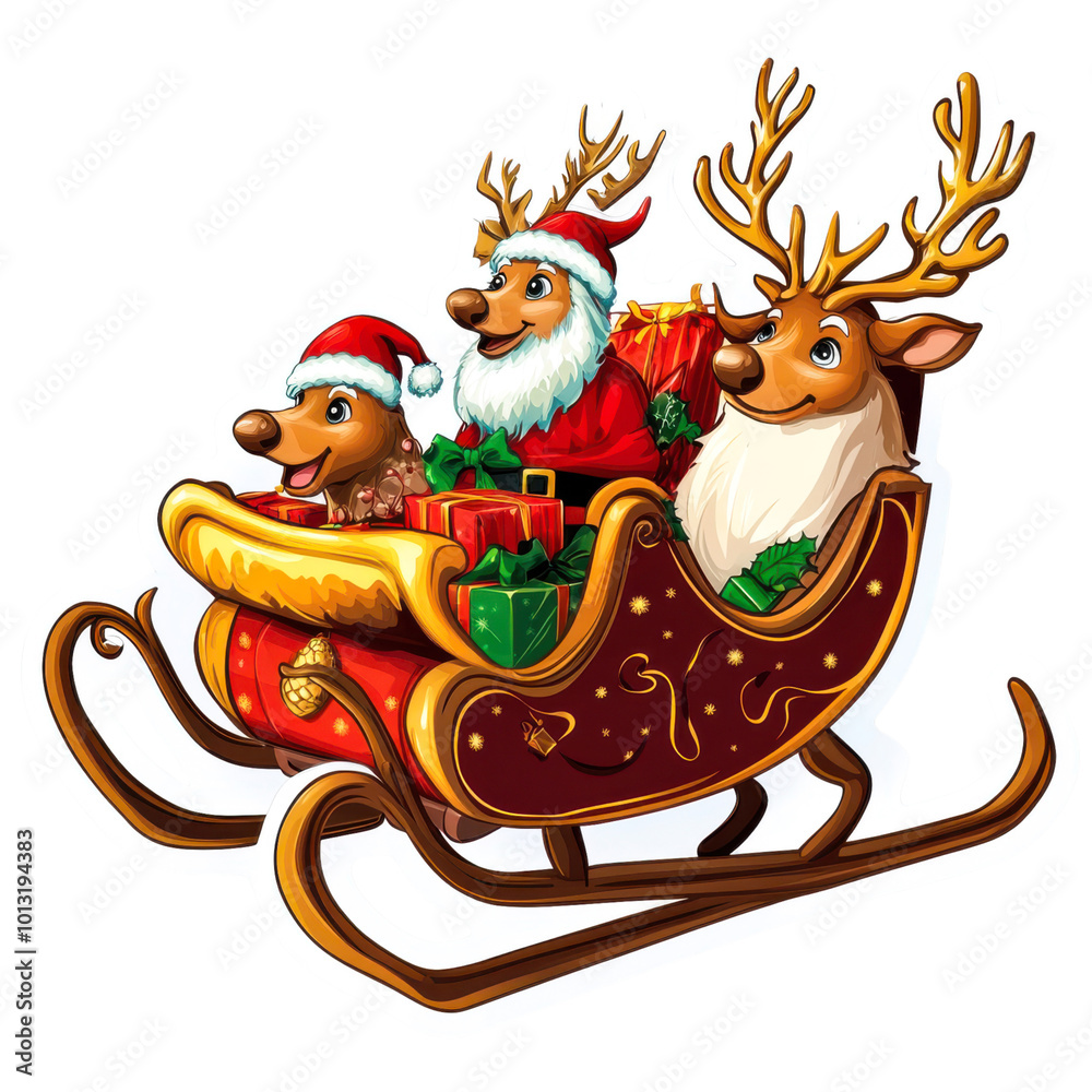 Cute Cartoon Santa Claus with Sleigh and Reindeer Cute Cartoon Santa Claus with Sleigh and Reindeer