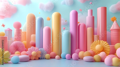 Wallpaper Mural Whimsical 3D pastel city skyline with fluffy clouds, charming flowers, and cute pastel-colored spheres. A dreamy, playful scene! Torontodigital.ca