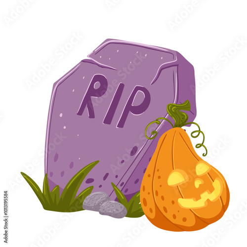 Old grave vector cartoon illustration. Scary coffin with grass and Jack o  Lantern carved pumpkin for halloween. Spooky art isolated on white background. Simple template for decor, print, sticker