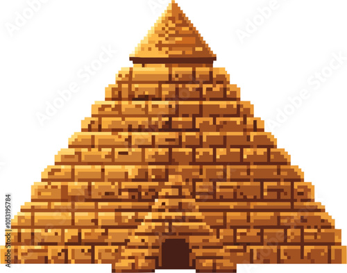 Pixelated Egyptian pyramid icon pixel art on white isolated background, vector design.