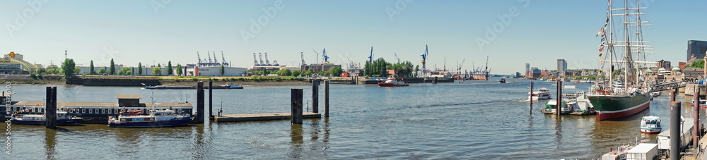 Fototapeta premium Hamburg im Sommer mit Blick auf die Elbe Richtung Steinwerder - Panorama