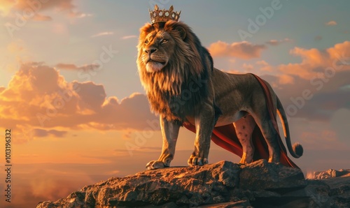 Regal lion adorned in a royal cape and crown, standing majestically on a rocky outcrop, surveying the savannah at sunset, 4K hyperrealistic photo