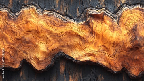 Intricate swirls of rich, burnt orange wood grain against a dark, charred backdrop.  A captivating natural texture with dramatic contrast and undulating patterns.  Stunning visual detail.