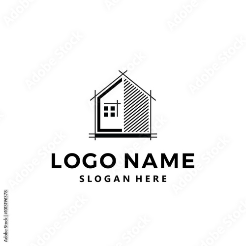 Simple minimalist house logo featuring clean lines and geometric shapes, perfect for modern architecture, real estate, or home-related businesses. Stylish, elegant, and contemporary design