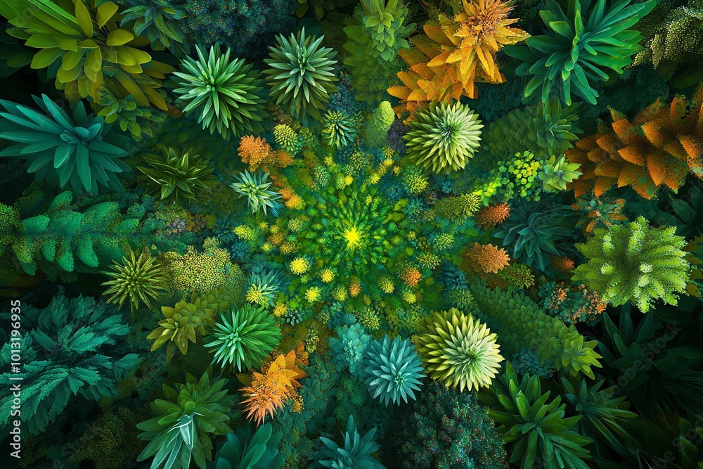 Worms-eye view of a vibrant fantasy forest, intricately woven with lush greenery, wildlife harmony, aerial drone perspective Worms-eye view of a vibrant fantasy forest, intricately woven with lush greenery, wildlife harmony, aerial drone perspective