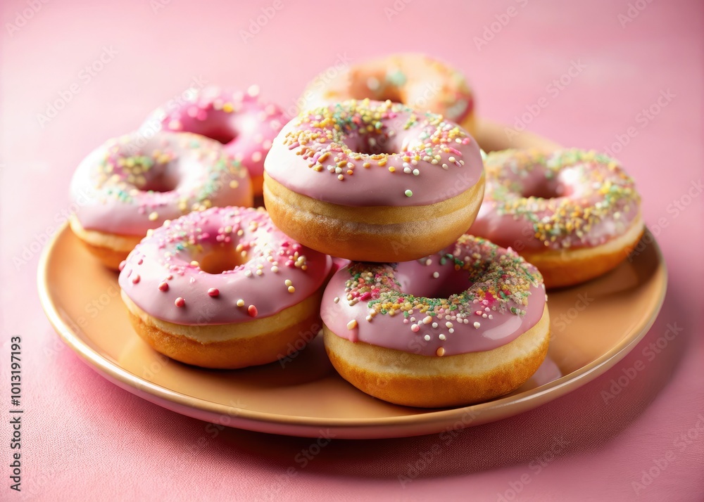 Irresistibly glazed donuts arranged on a lovely pink plate, showcasing delightful colors and flavors, ideal for inspiring your next dessert or sweet treat moment. Irresistibly glazed donuts arranged on a lovely pink plate, showcasing delightful colors and flavors, ideal for inspiring your next dessert or sweet treat moment.