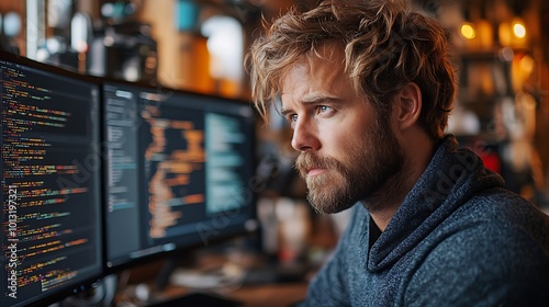 A focused programmer, eyes glued to lines of code on dual monitors. The warm glow of the workspace enhances the intense concentration and dedication to software development.